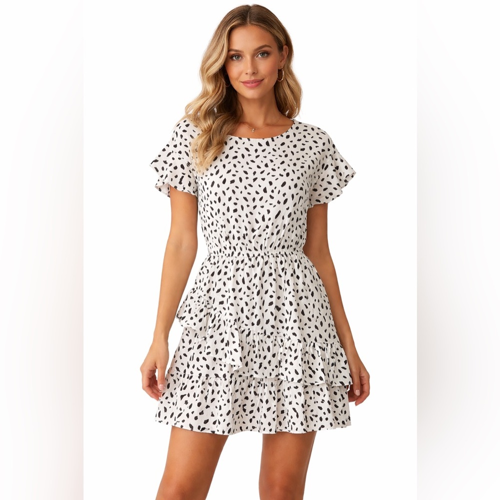 Umgee Polka Dot Dress Black White Ruffle Tiered Mini Dress Flowy Women’s Large